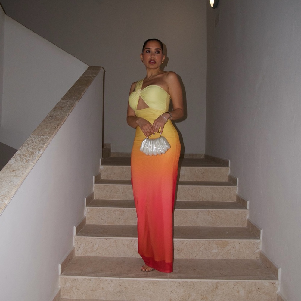 One-Shoulder Ombre Cutout Evening Dress in Yellow to Coral - Picture 2 of 3